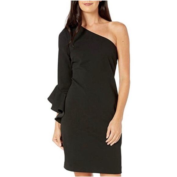NEW Trina Turk Kadinsky One Shoulder Bell Sleeve Mini Dress in Black Size 6 $198 - Picture 1 of 10